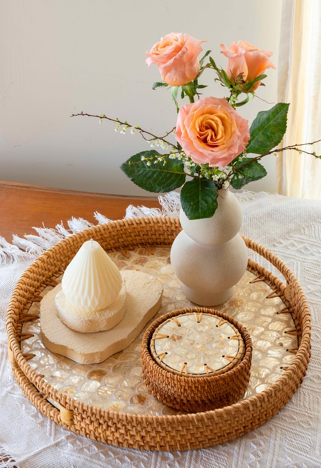 Holder • Handmade Round Coaster • Wicker / Cascade Light / Set of 6