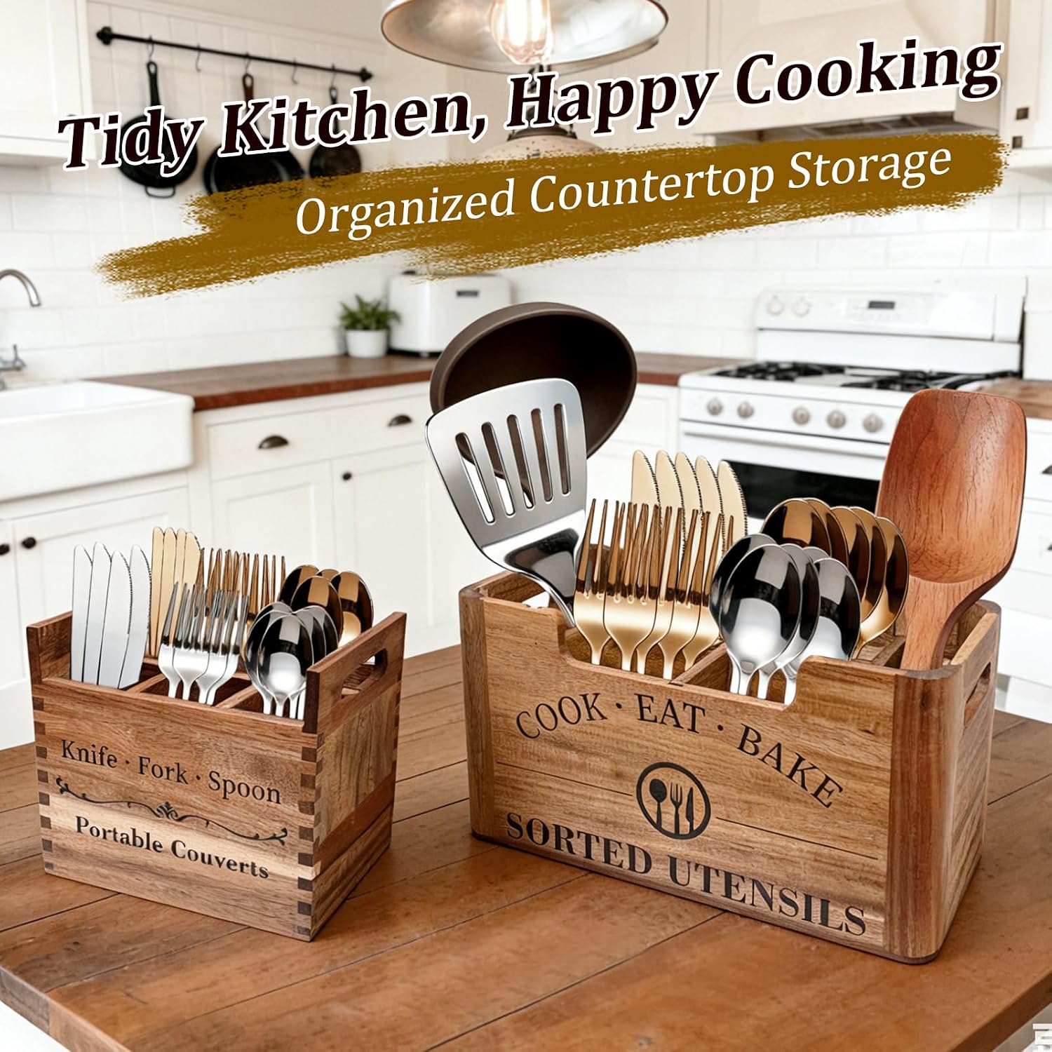 2-in-1 Acacia Wood Kitchen Utensil Holder with Removable Caddy | Farmhouse Kitchen Utensil Holder for Countertop