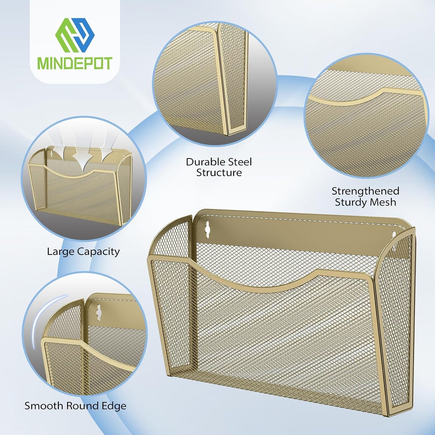 MINDEPOT Wall File Organizer, Hanging Wall File Holder, 3 Pack, Gold | Heavy Duty Iron, Metal Mesh Wall Mount, Single