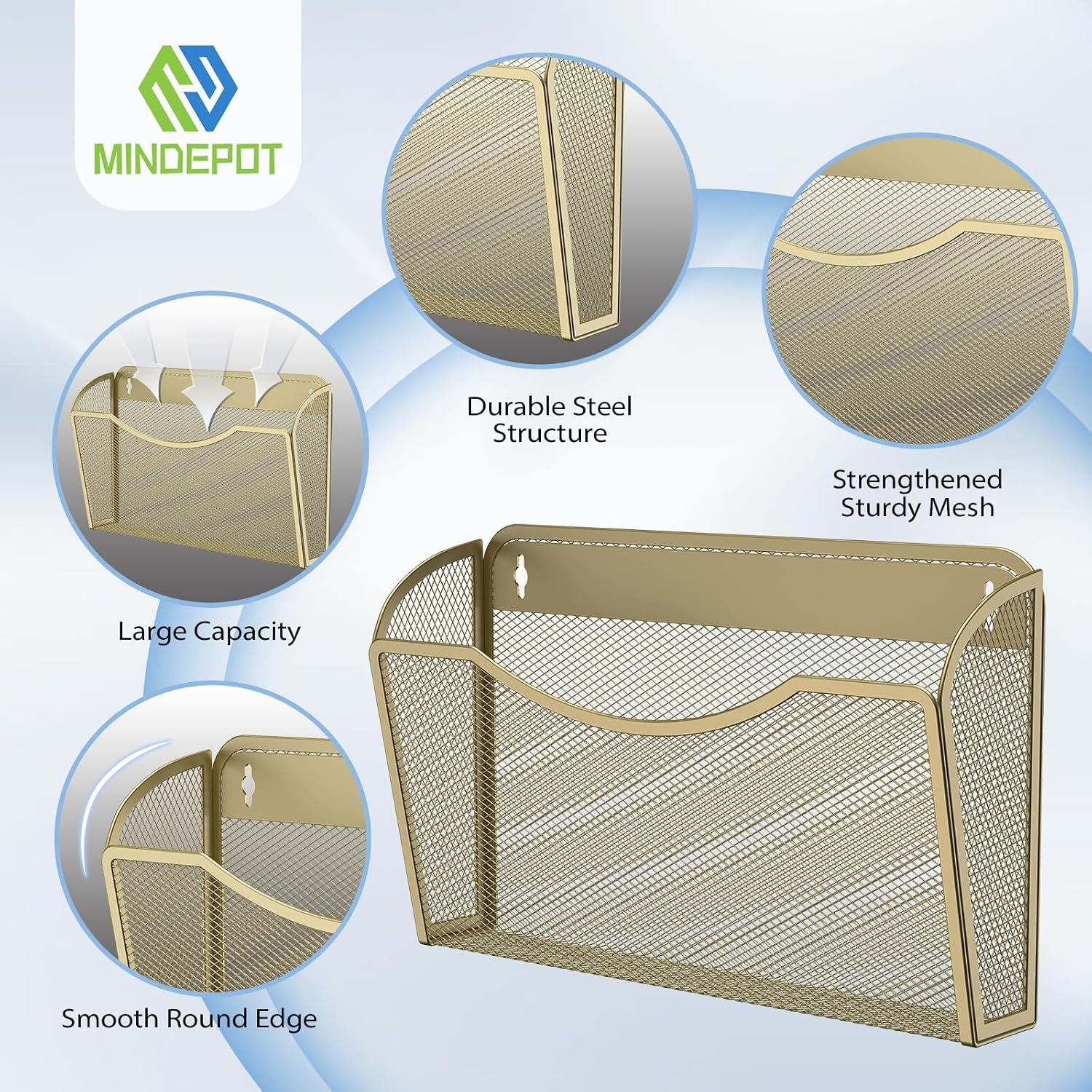 MINDEPOT Wall File Organizer, Hanging Wall File Holder, 3 Pack, Gold | Heavy Duty Iron, Metal Mesh Wall Mount, Single