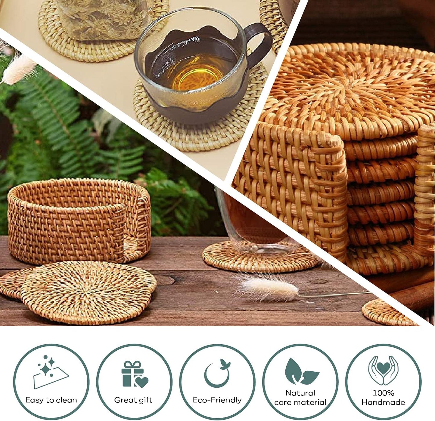 Holder / Wicker Boho Woven Coasters / Natural / Set of 6