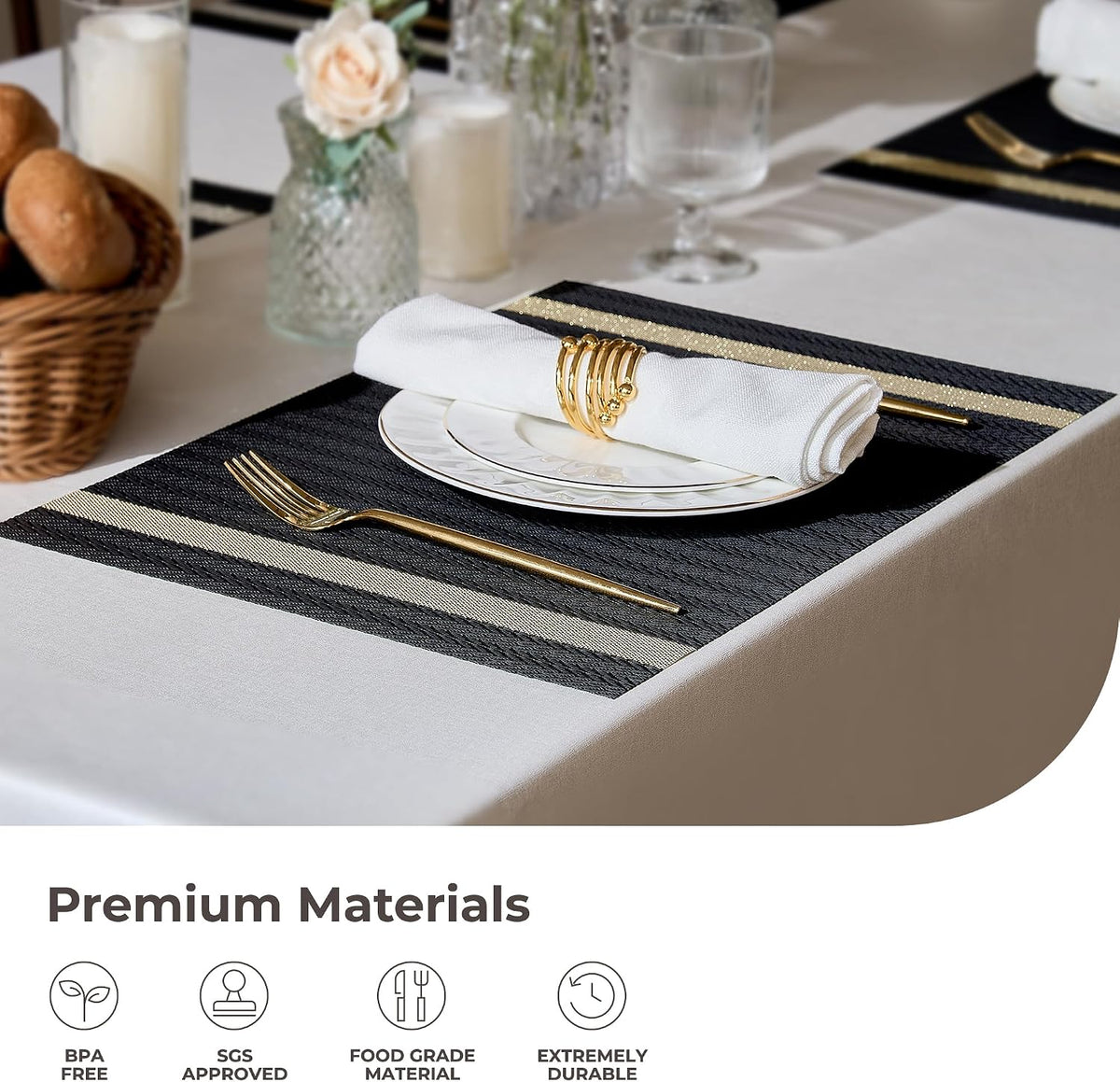 Leetaltree Woven Vinyl Placemats Set of 8,Black Striped | High Density，Stain Resistant, Easy to Clean, Washable Table