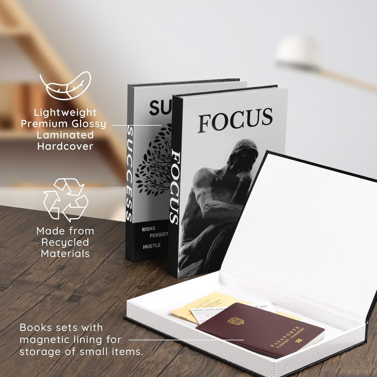 Motivational Desk Décor Decorative Books for Modern Home Office Decor Shelf / Black / Set of 3
