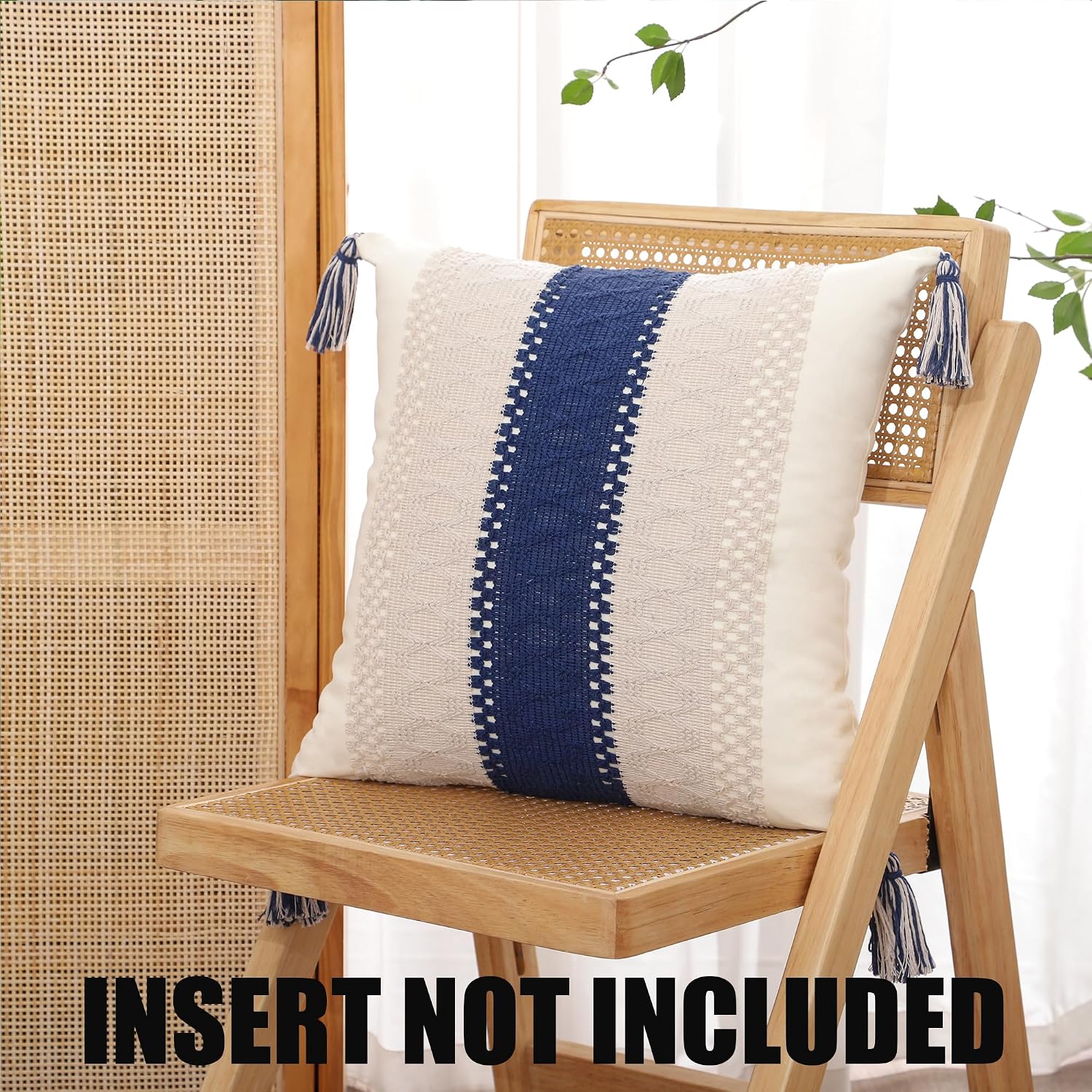 Tassels Boho Throw Pillow Covers Neutral Coastal / Navy Blue Single Stripe / 18 x 18 / Set of 2