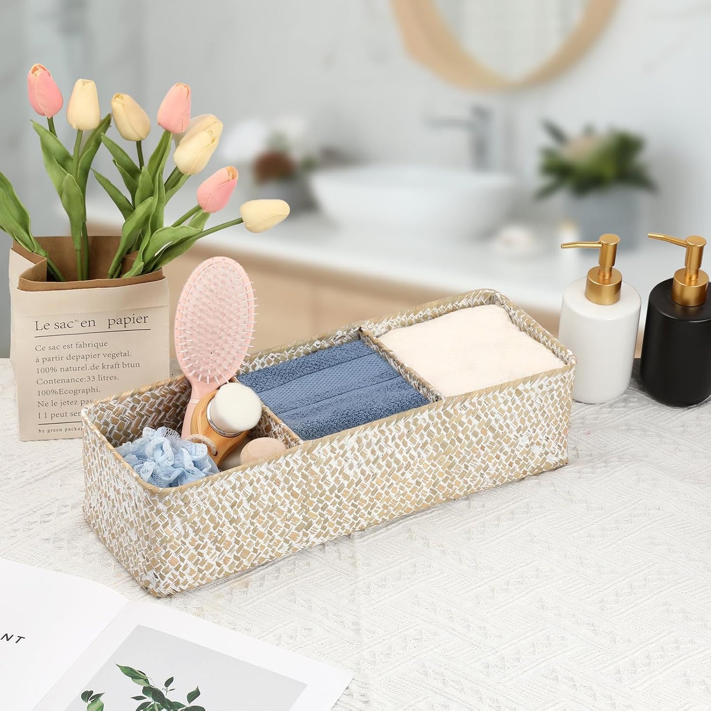 Handwoven Seagrass Storage Basket 3 Sections Toilet Tank Paper Basket Wicker / Large / Whitewash
