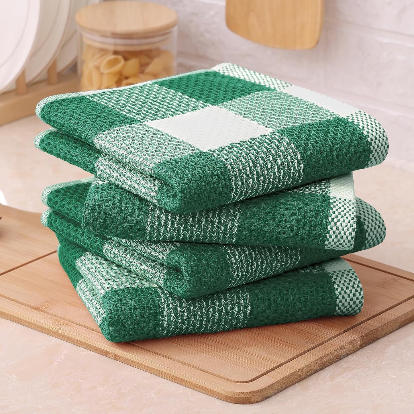 Mordimy 8 Pack Kitchen Towels and Dishcloths Set, Dark Green & White | 28 X 13 Inch and 12 X 12 Inch, Super Soft