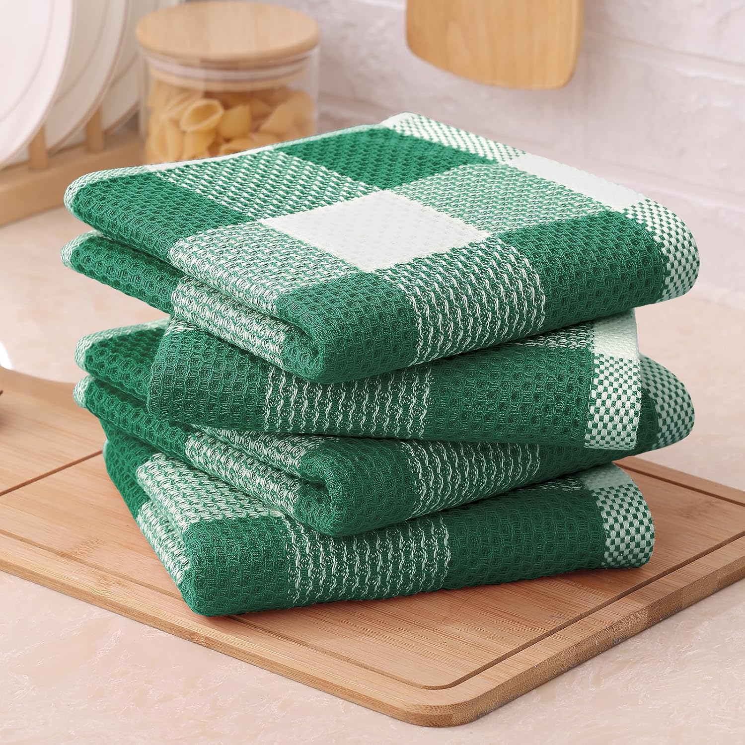 Mordimy 8 Pack Kitchen Towels and Dishcloths Set, Dark Green & White | 28 X 13 Inch and 12 X 12 Inch, Super Soft