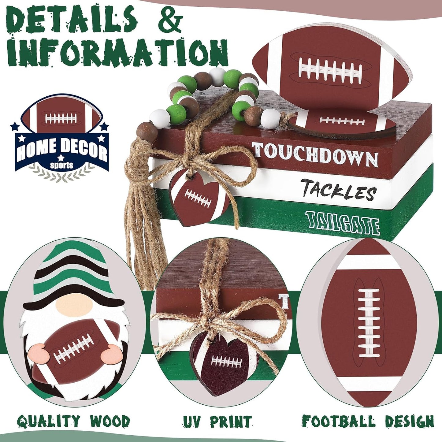 Football Wood Signs Decor Farmhouse Football Tiered Tray Wooden Decorations Book Stack / Set of 6