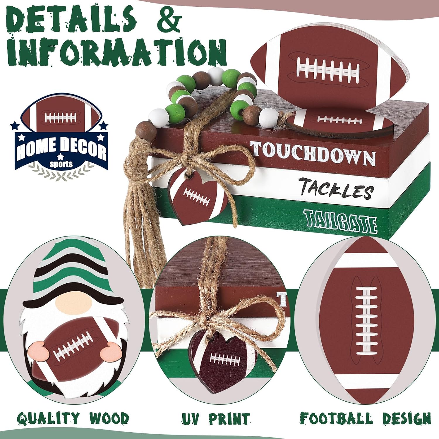 Football Wood Signs Decor Farmhouse Football Tiered Tray Wooden Decorations Book Stack / Set of 6
