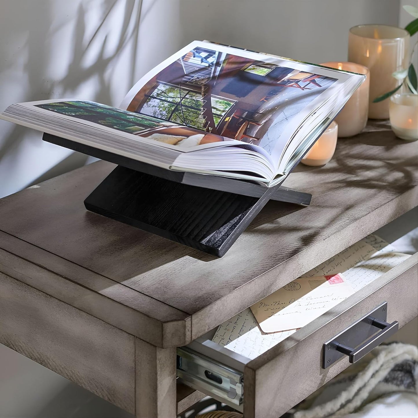 Honygebia Solid Oak Wood Book Stand, Cross Frame Open Display Holder | Solid Black Oak Wood, 14mm Thick Panels, 9.5"D x