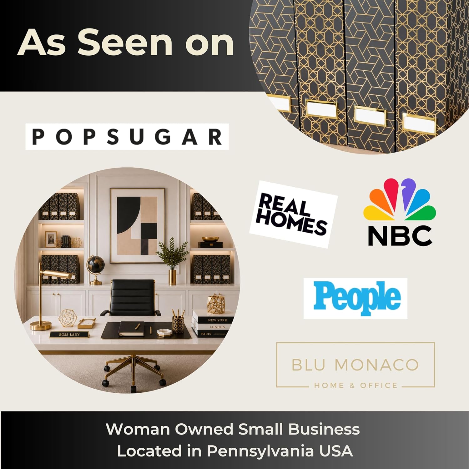BLU MONACO | Set of 4 Black & Gold Geometric Magazine File Holders with Gold Label Holders | Stylish Vertical File
