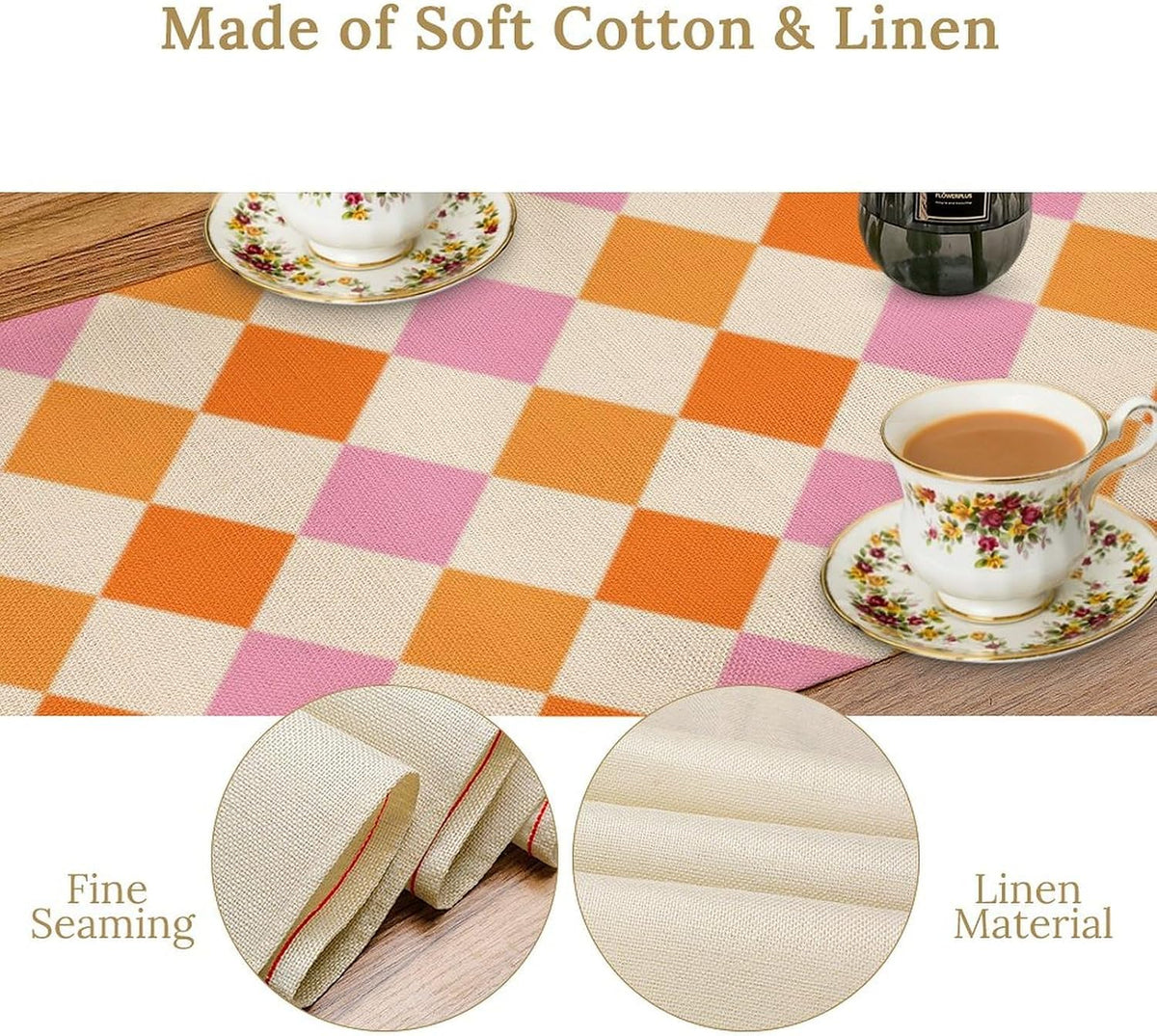 Retro 70s Hippie Table Runner Geometric Square Grid Yellow Orange Pink 1960s 1970s Vintage Country Farmhouse Dinner