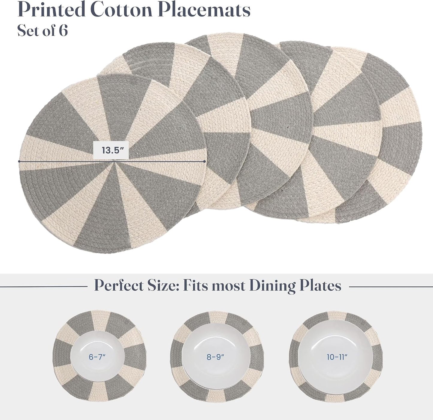 The Fine Living Braided Cotton Placemats, Round Table Mats, Set of 6,13.5" | Washable Anti-Slip Heat Resistant Braided