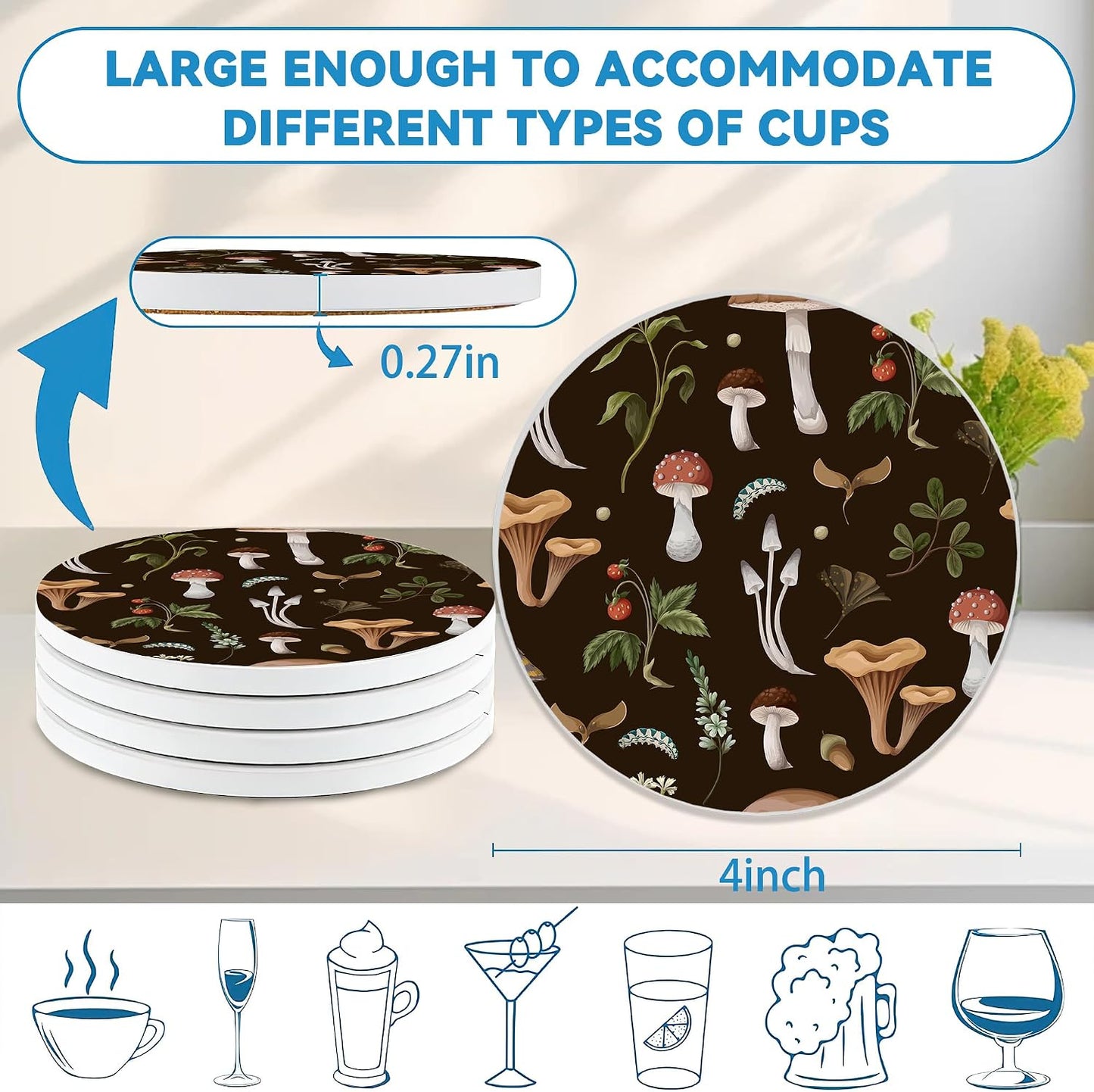 Round 4" Ceramic & Cork Coasters / Mushroom Weeds / Set of 4