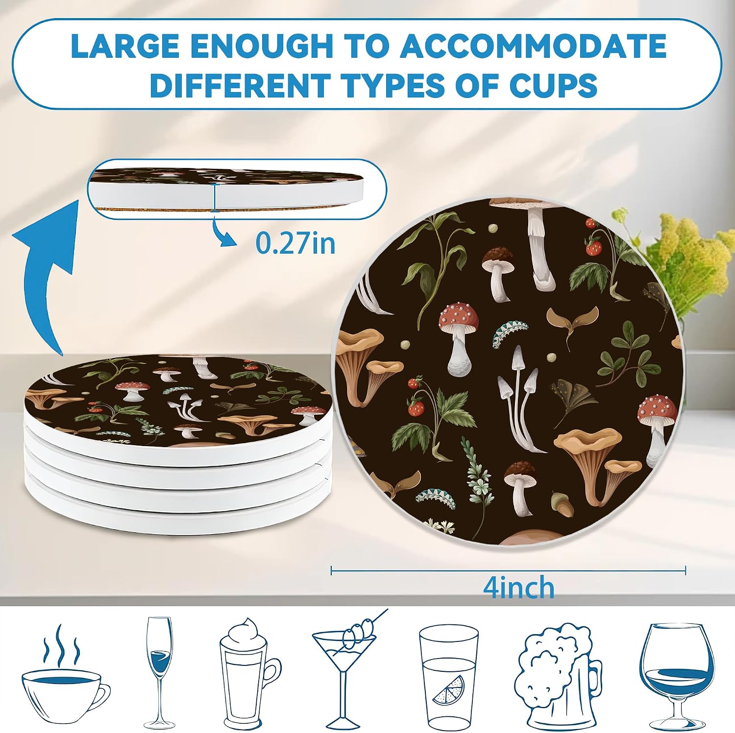 Round 4" Ceramic & Cork Coasters / Mushroom Weeds / Set of 4