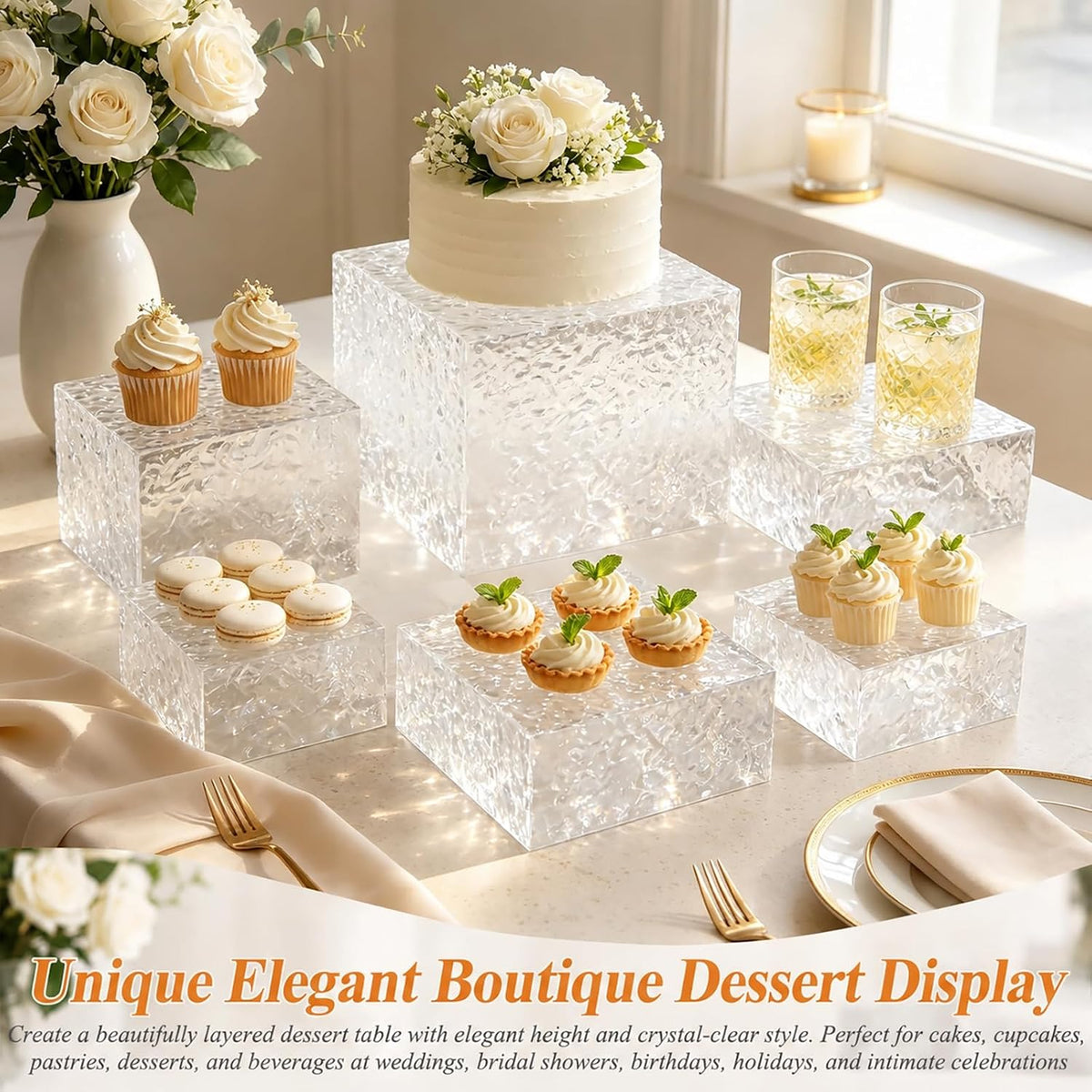 Acrylic Buffet Risers with Mini Sign and Maker, Clear Hammered Water Ripple Dessert Display Stands for Catering Cakes
