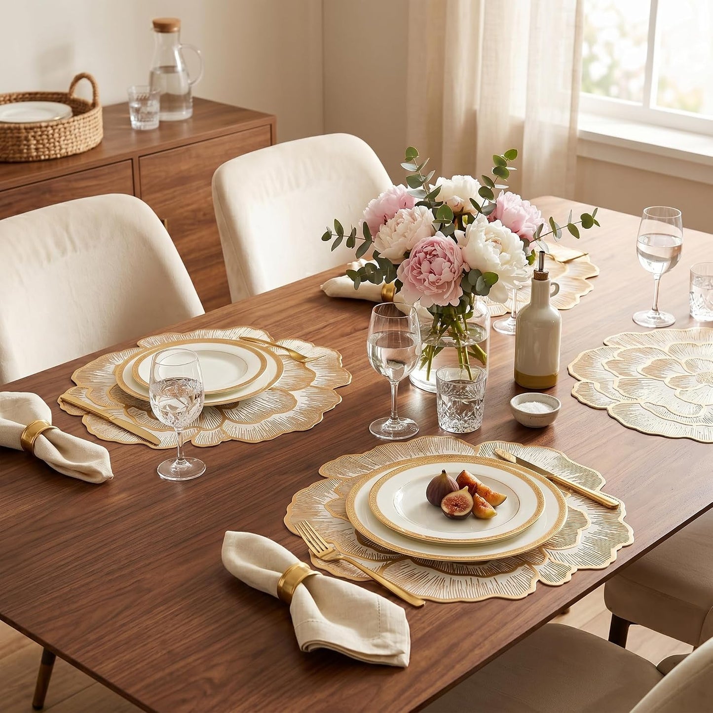 FAVE 8PCS Golden Placemats Set of 8 Gold Floral Round Placemats | Reusable Vinyl Table Mats for Wedding Banquets Party