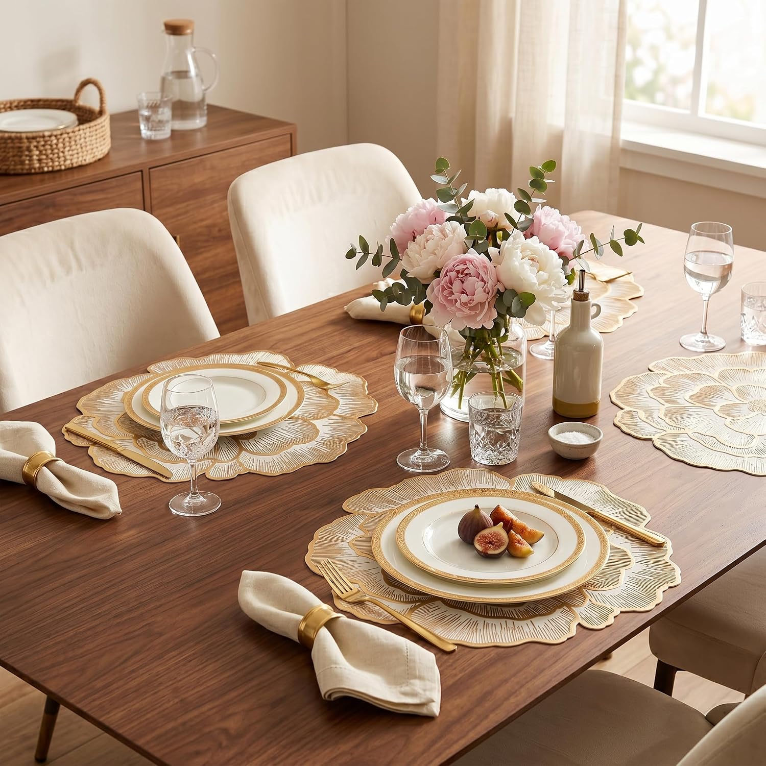 FAVE 8PCS Golden Placemats Set of 8 Gold Floral Round Placemats | Reusable Vinyl Table Mats for Wedding Banquets Party