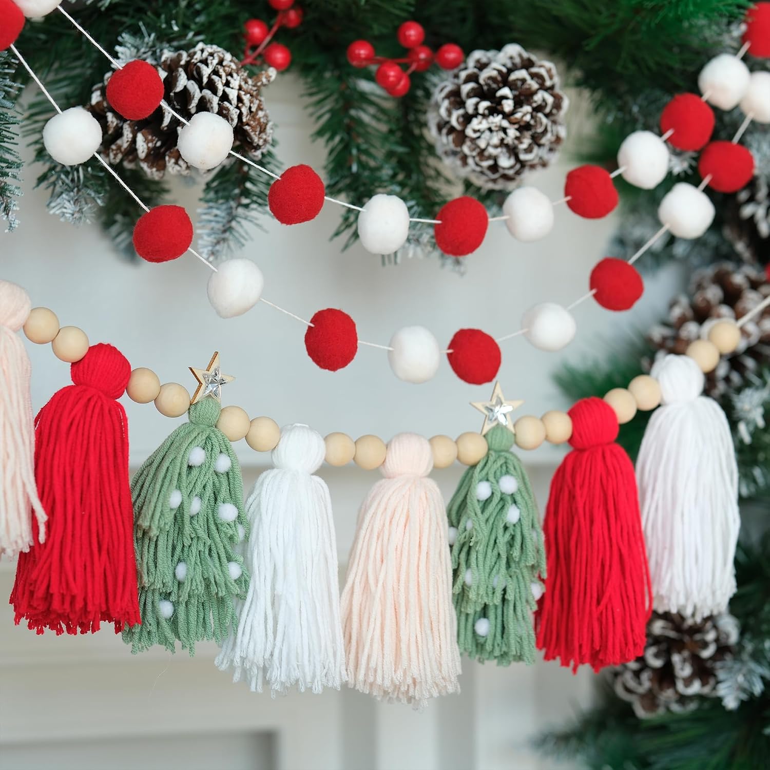 Wood Beads And Pom Pom Garlands Wall Hanging Home Decor For Christmas / Red White Pink Green