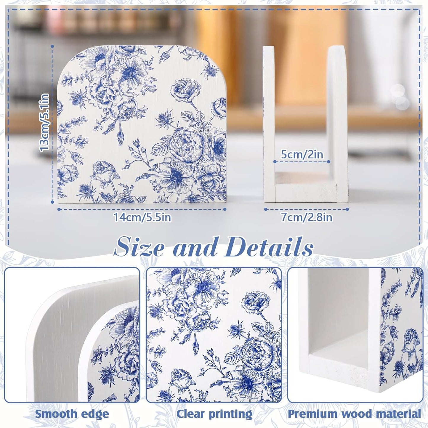 Wood Napkin Holder and White Chinoiserie Wooden Standing Dispenser Napkin Holder / Porcelain / Blue