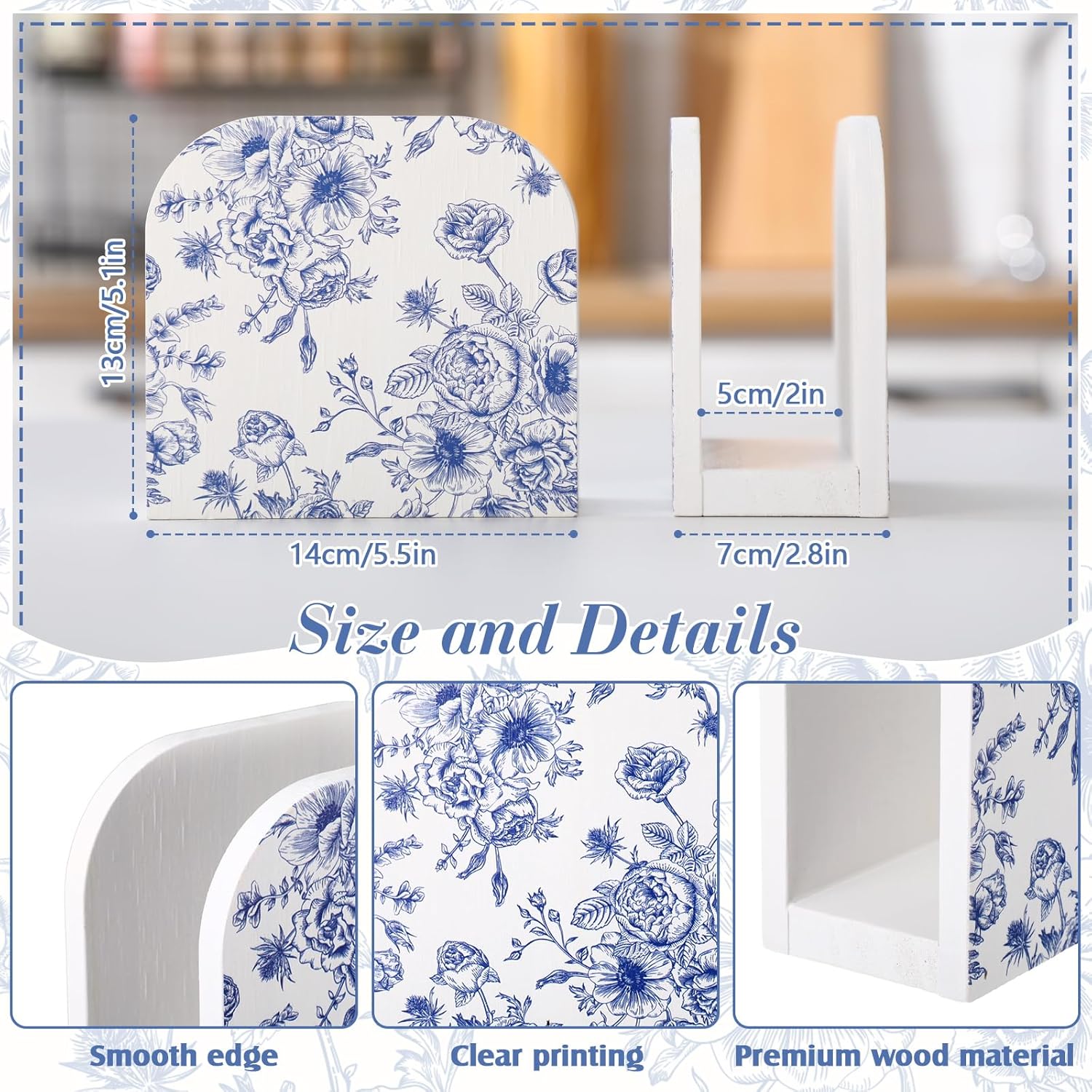 Wood Napkin Holder and White Chinoiserie Wooden Standing Dispenser Napkin Holder / Porcelain / Blue