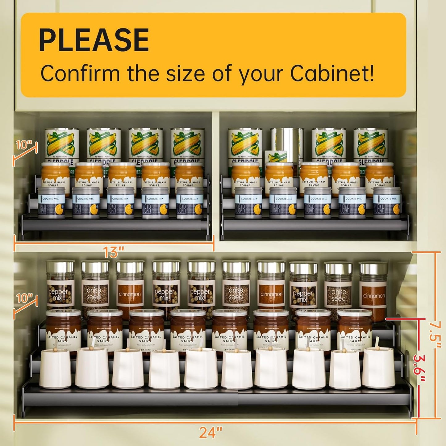 Expandable Carbon Steel Spice Rack Organizer for Pantry, Adjustable 3-Tier Ladder Shelf,Holds Up to 24 Cans,Kitchen