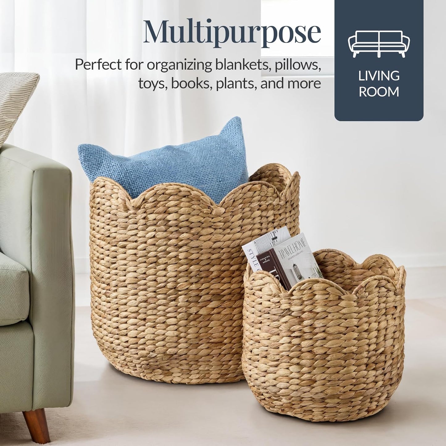 3pc Water Hyacinth Scalloped Multipurpose Nesting Baskets / Natural