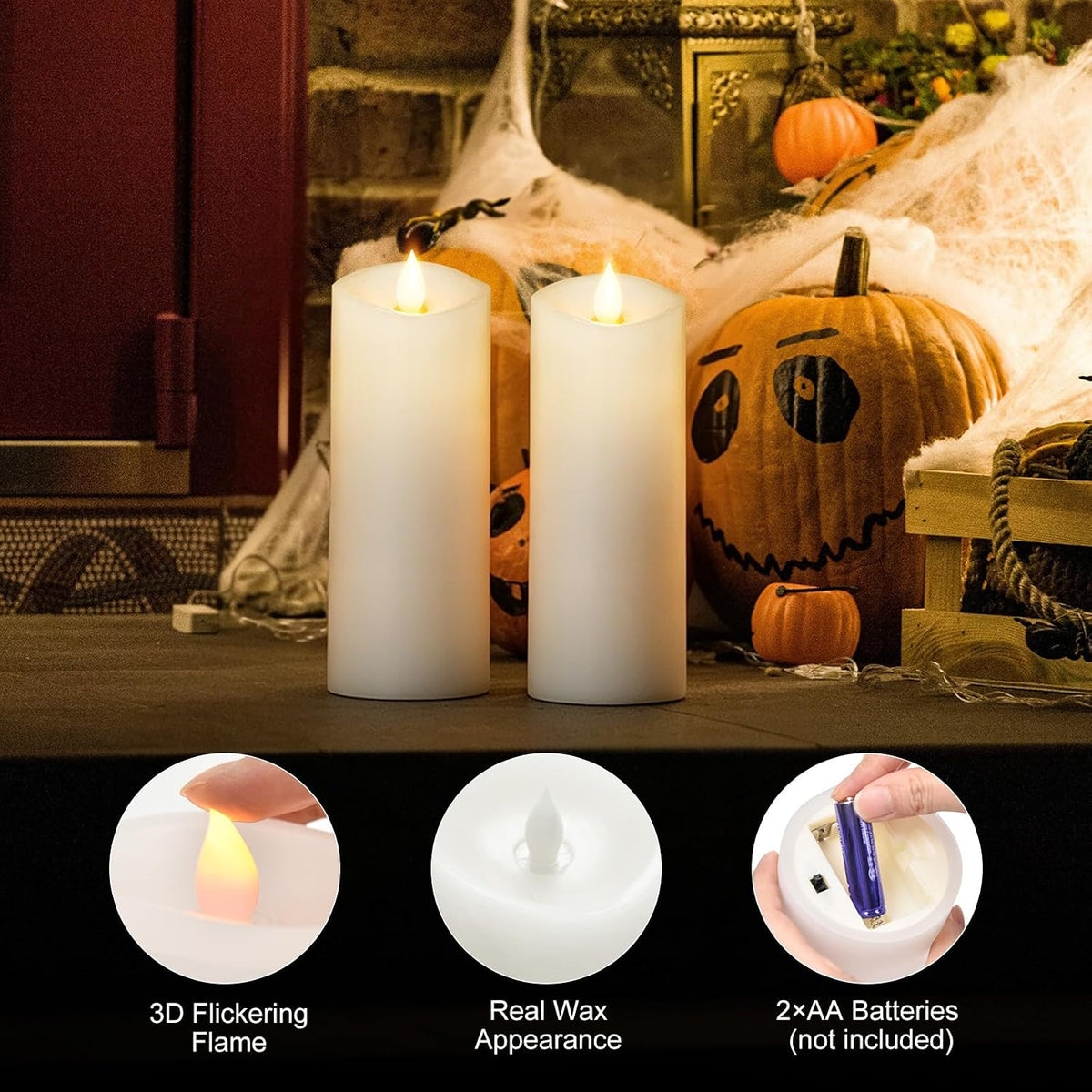 2PCS, 3 x 8 inches Flameless Candle with Remote Control, 3D Flickering Wick, Real Wax, Battery Candles,with