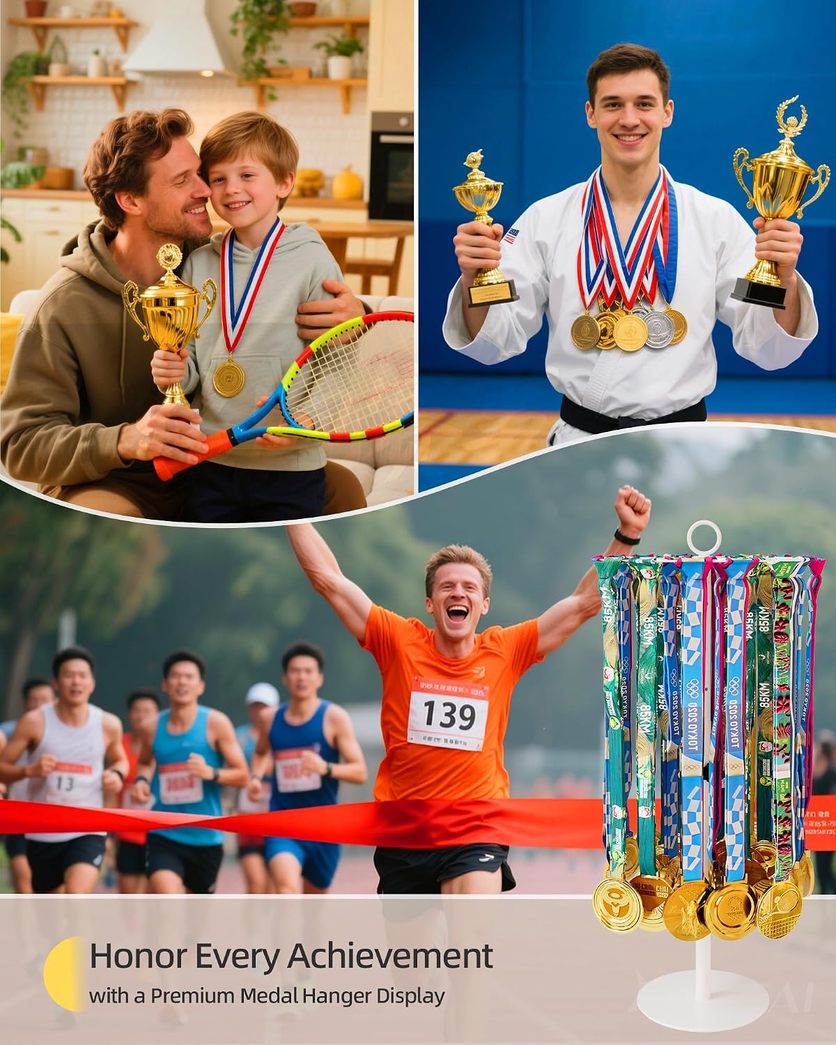 Rotatable Medal Hanger Display – Adjustable Medal Honor Display – Desktop Metal Medal Holder for Running, Sports
