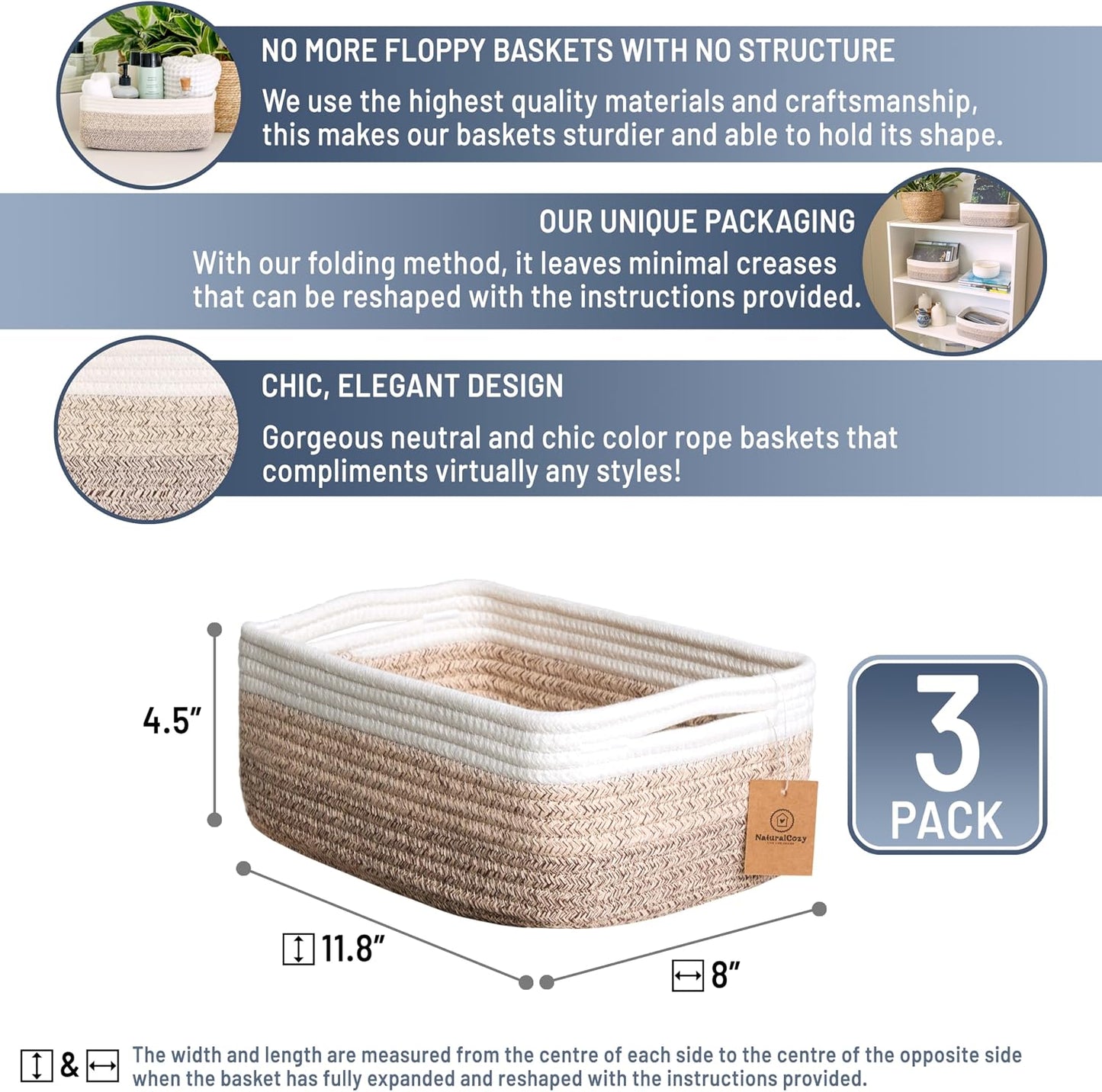 Cotton Rope Woven Small Baskets for Organizing / 3-tone Brown / 11.8 x 8 x 4.5 / Set of 3