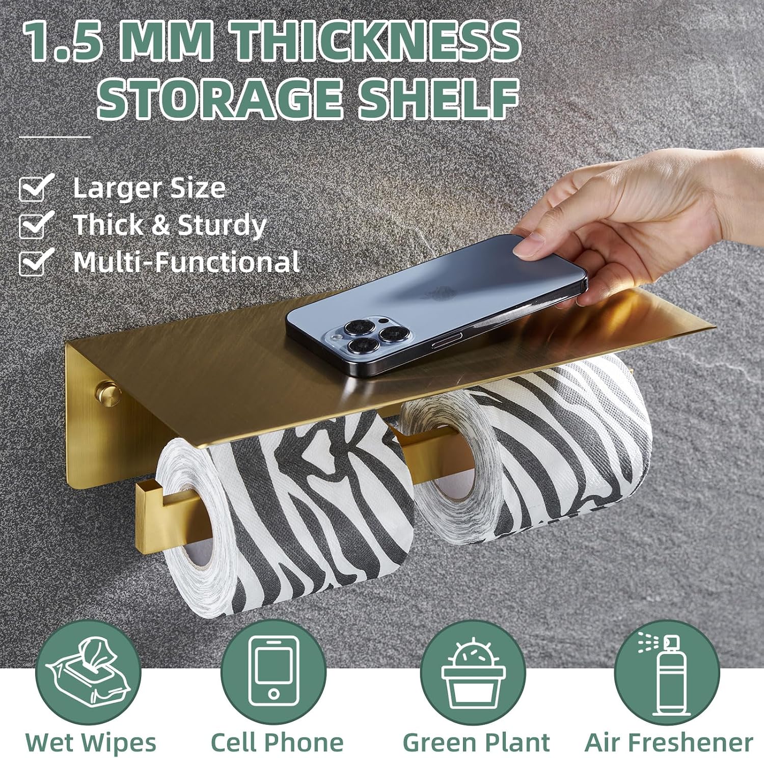 APLusee Brushed Gold Double Toilet Paper Holder with Shelf, Wall Mounted | 304 Stainless Steel, Rust-resistant Tissue