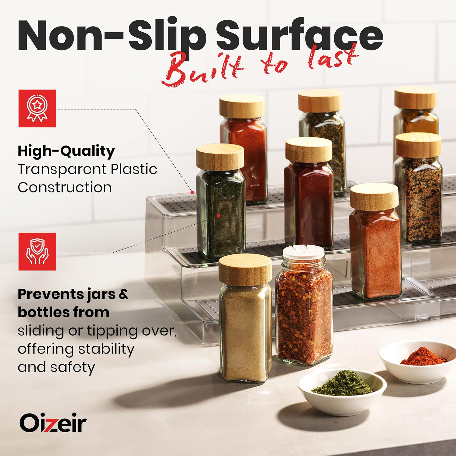 Oizeir 3-Tier Expandable Spice Rack Organizer for Cabinet, Clear | Expandable Plastic Spice Rack Organizer, Adjustable