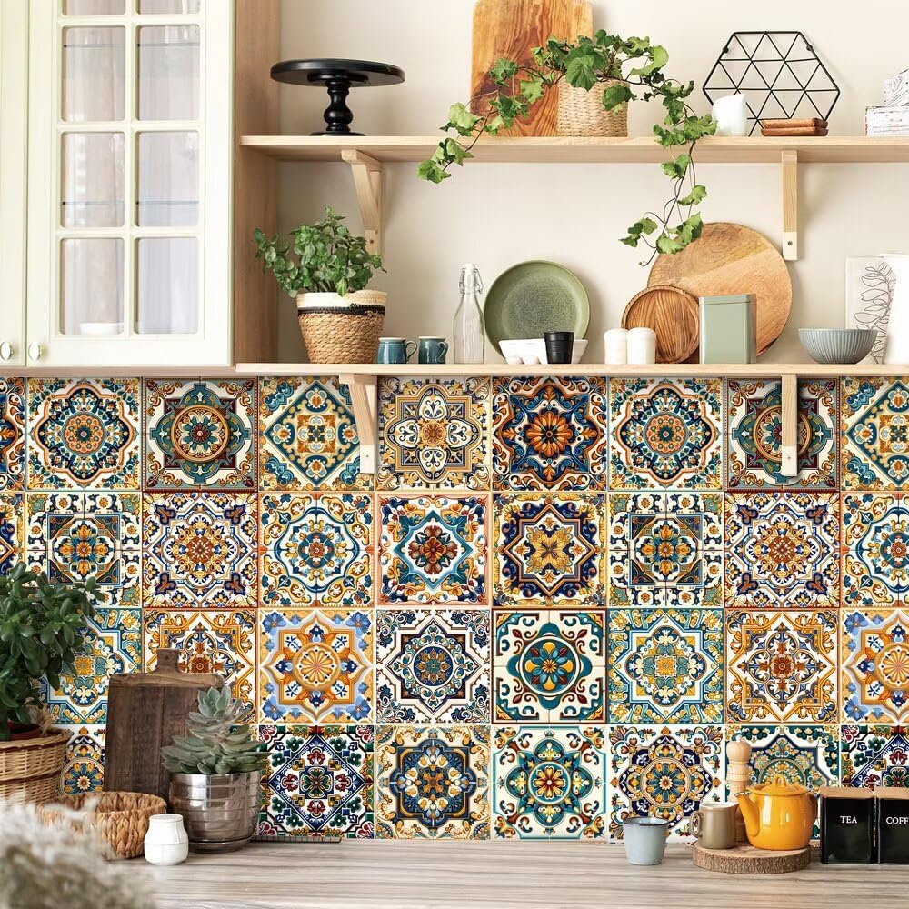 Moroccan Boho Tile Stickers Peel and Stick / 4 x 4 / Retro Green / Set of 24