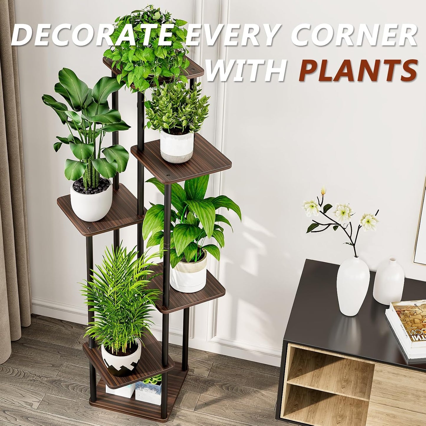 6 Tier Tall Plant Stand Indoor Corner Tiered Shelf Metal MDF Board | Sturdy Metal Frame,Space-saving Tiered Design