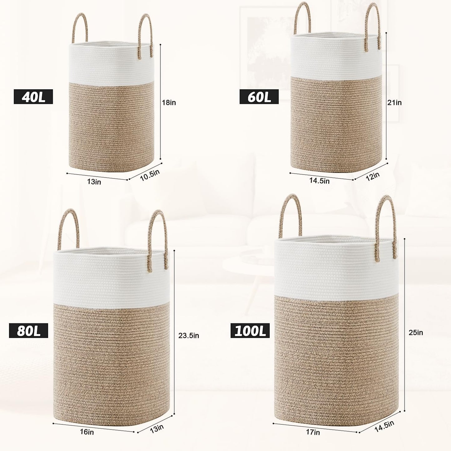Laundry Basket / Woven Cotton Rope Laundry Hamper / 60L / Brown