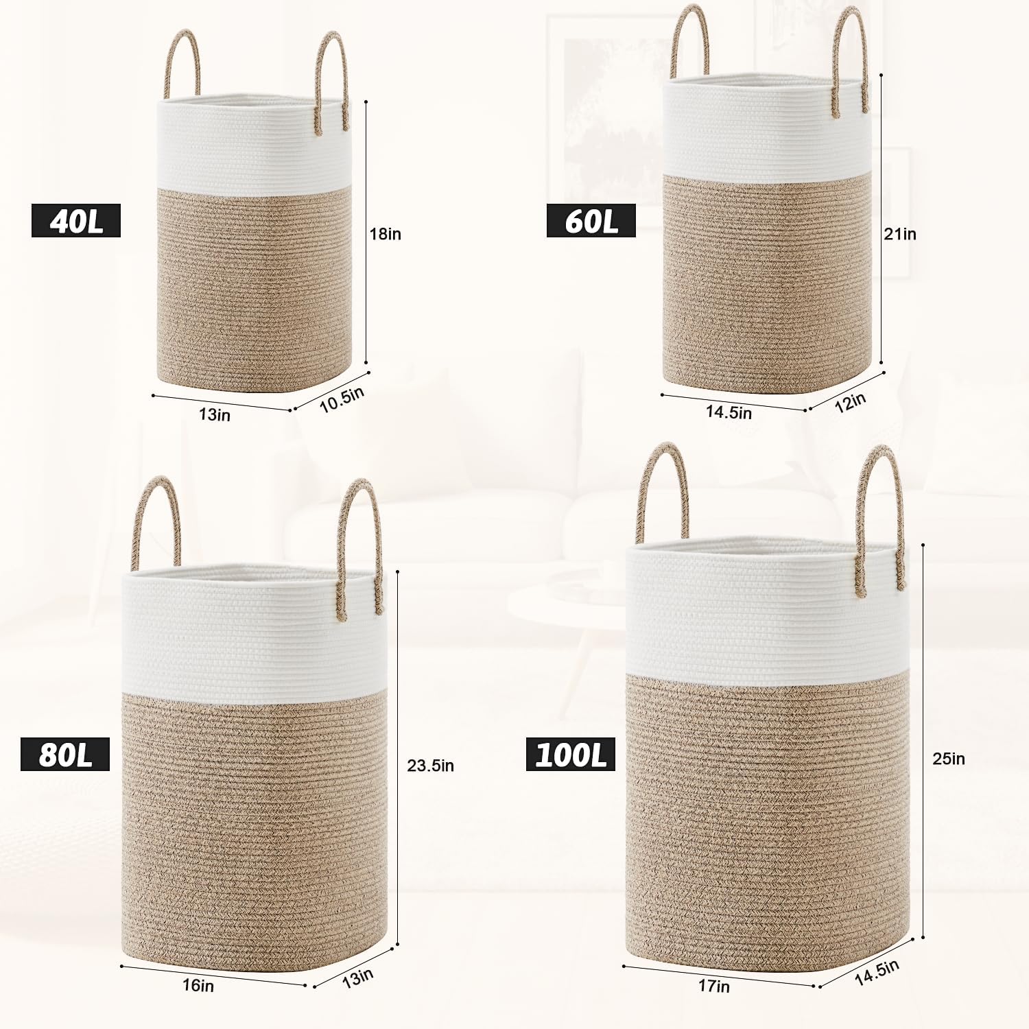Laundry Basket / Woven Cotton Rope Laundry Hamper / 60L / Brown
