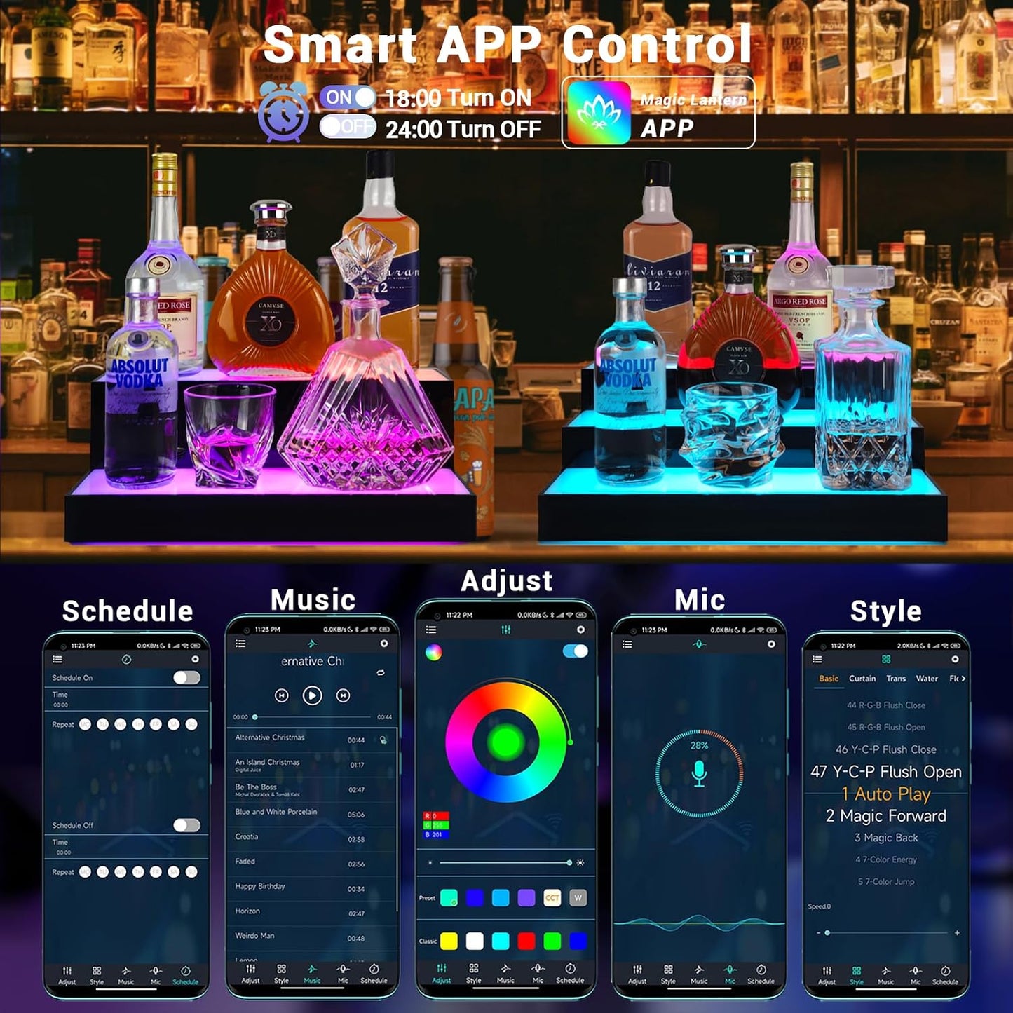GOH&FTY LED Lighted Liquor Bottle Display Shelf,APP 16inche 3Step LED Bar Shelf with Wireless Remote& Multicolor LED