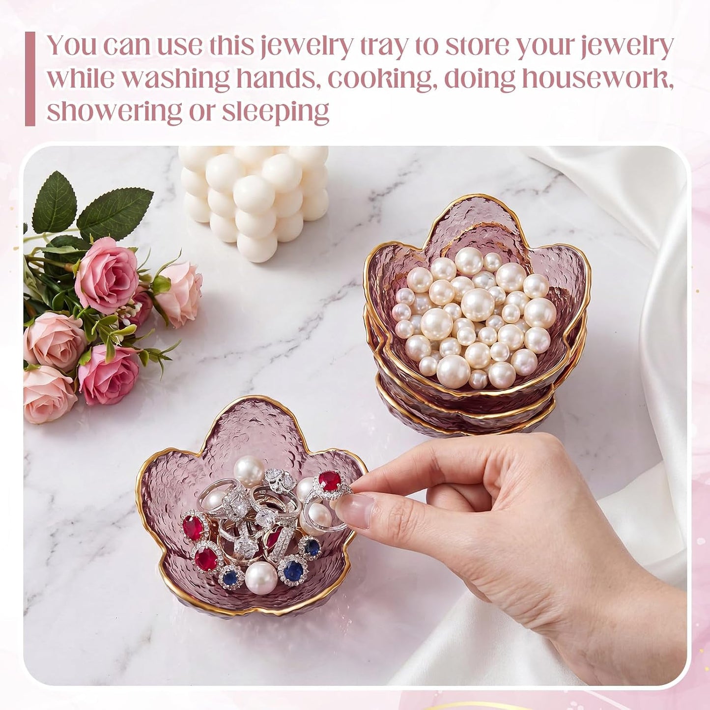 Jewelry Dish Small Flower Ring Holder Trinket Tray for Earrings Key / Purple / Glass / Set of 4