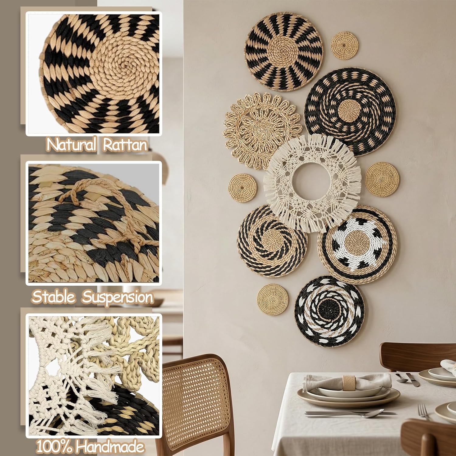 Boho Wall Basket Decor Decorative Bulrush Woven Basket Wall Decor Wicker Baskets / Set of 11