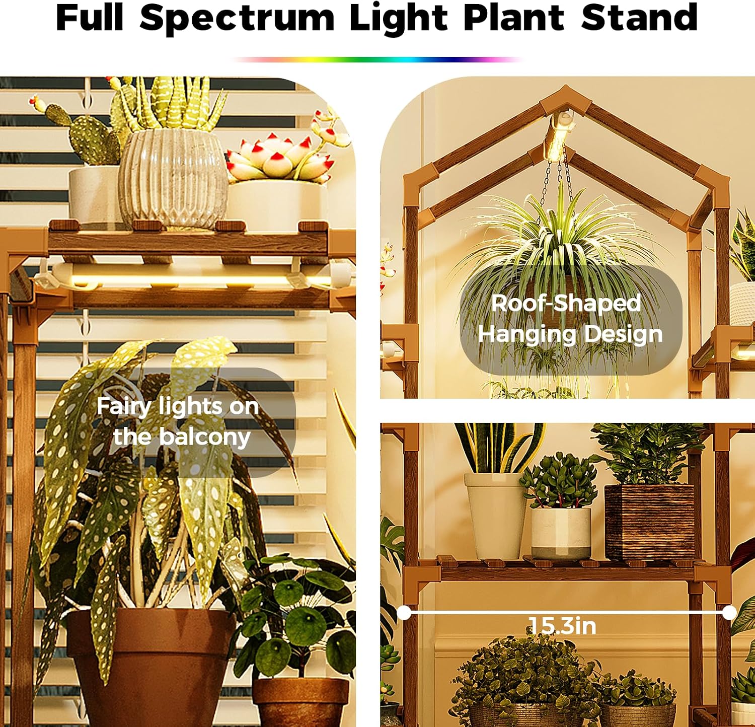 Bamworld Plant Stand Indoor with Grow Lights Wood Plant Shelf for Hanging Planter Pots Display Flower Stand for Living