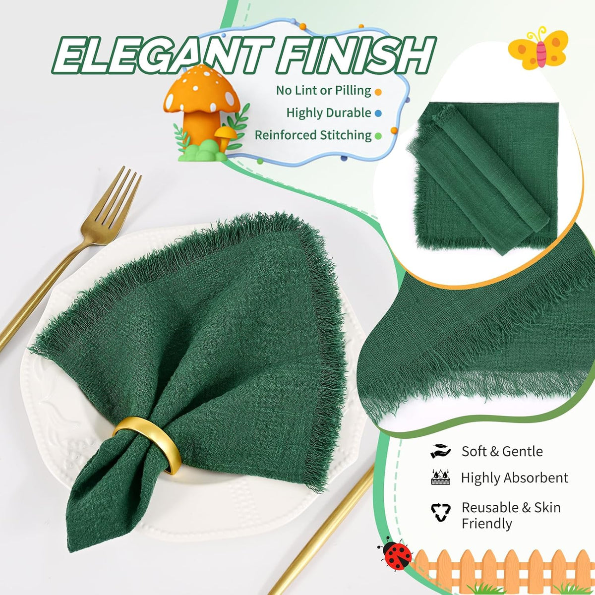 Showgeous 30 Pack Emerald Green Cloth Napkins with Fringe, 16x16 inch | 100% Cotton Green Napkins Handmade Dinner