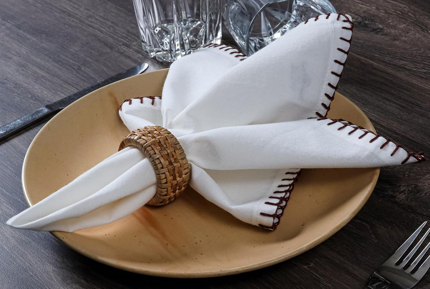 Bedding Craft Cotton Cloth Dinner Napkins Set of 12 – 18x18 Hot Chocolate Brown Cloth Napkins with Blanket Stitch