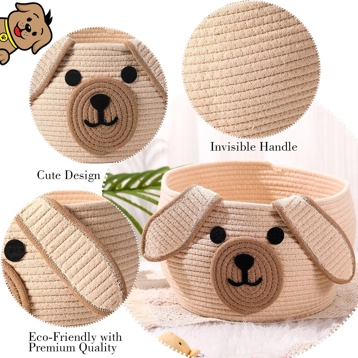 Dog Woven Basket Woven Cotton Rope Puppy Animal Storage Basket for Laundry Toy Gift / Khaki / 13 x 8