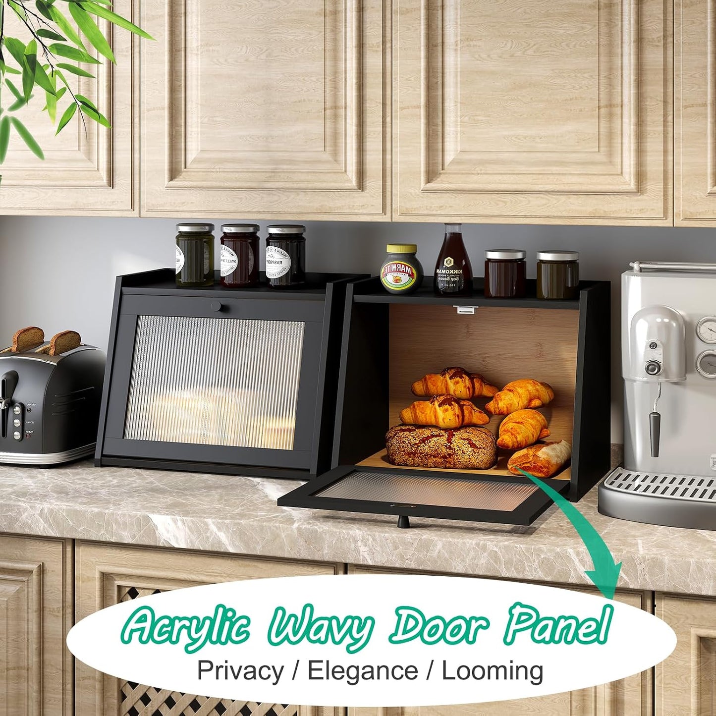 kiplant Large Bread Box for Kitchen Counter, Black Bamboo Bread Storage Container with Wavy Arcylic Transparent Door