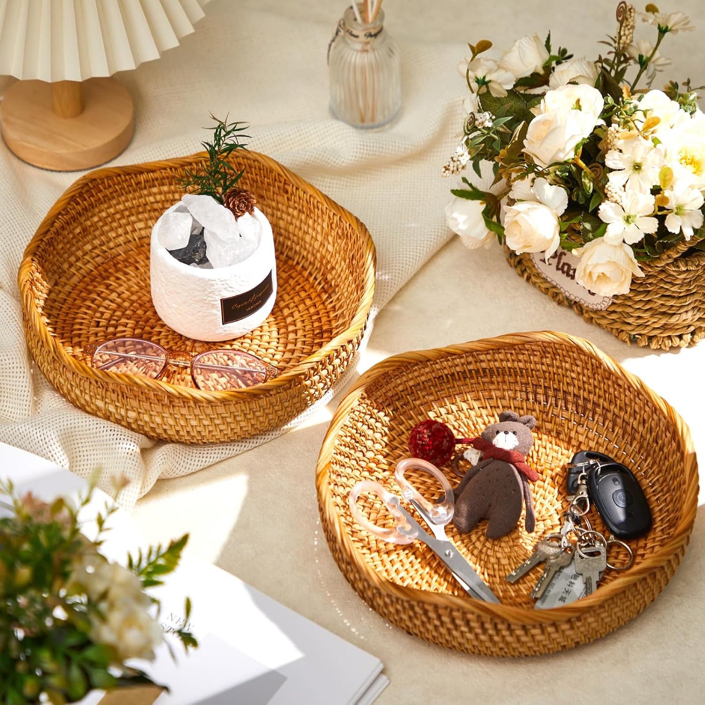 Scalloped Rattan Fruit Baskets Round Wicker Bread Food Serving / Natural / 10.2 Inch / Set of 3
