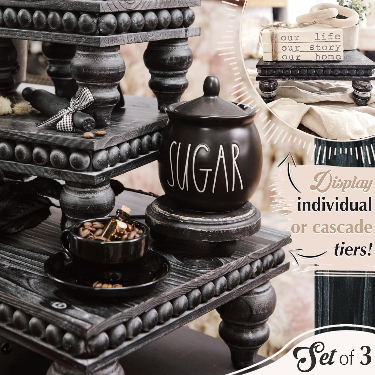 Decorative Tray [Set of 3] Wooden Tiered Tray Stand Display Risers - Tiered Tray Decor for Tabletop Use, Kitchen