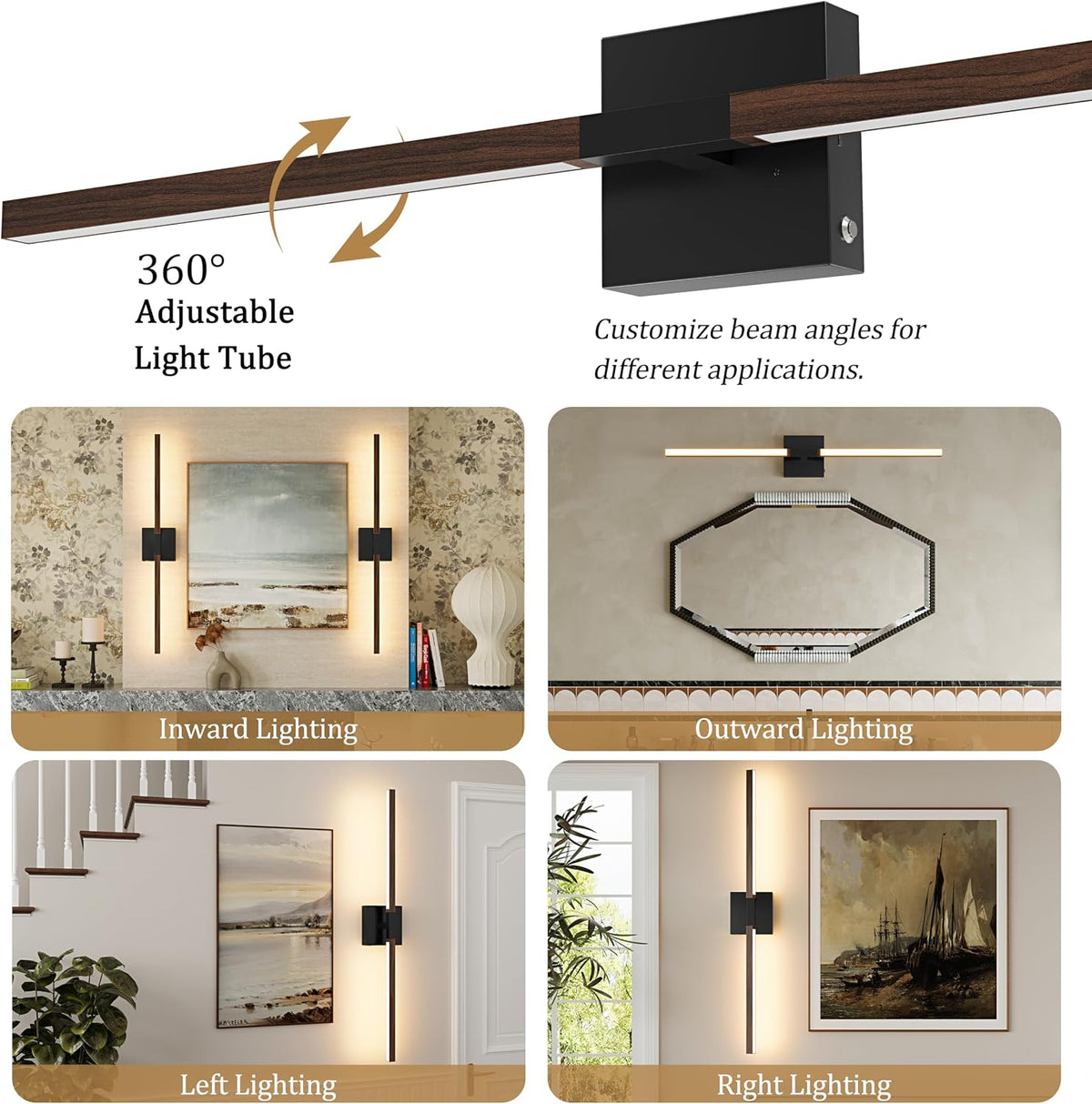 Rayogale Black Walnut Rechargeable Wall Sconce with Remote Control, 24 Inch | 3000/4500/6000K Dimmable 8000mAh Wireless