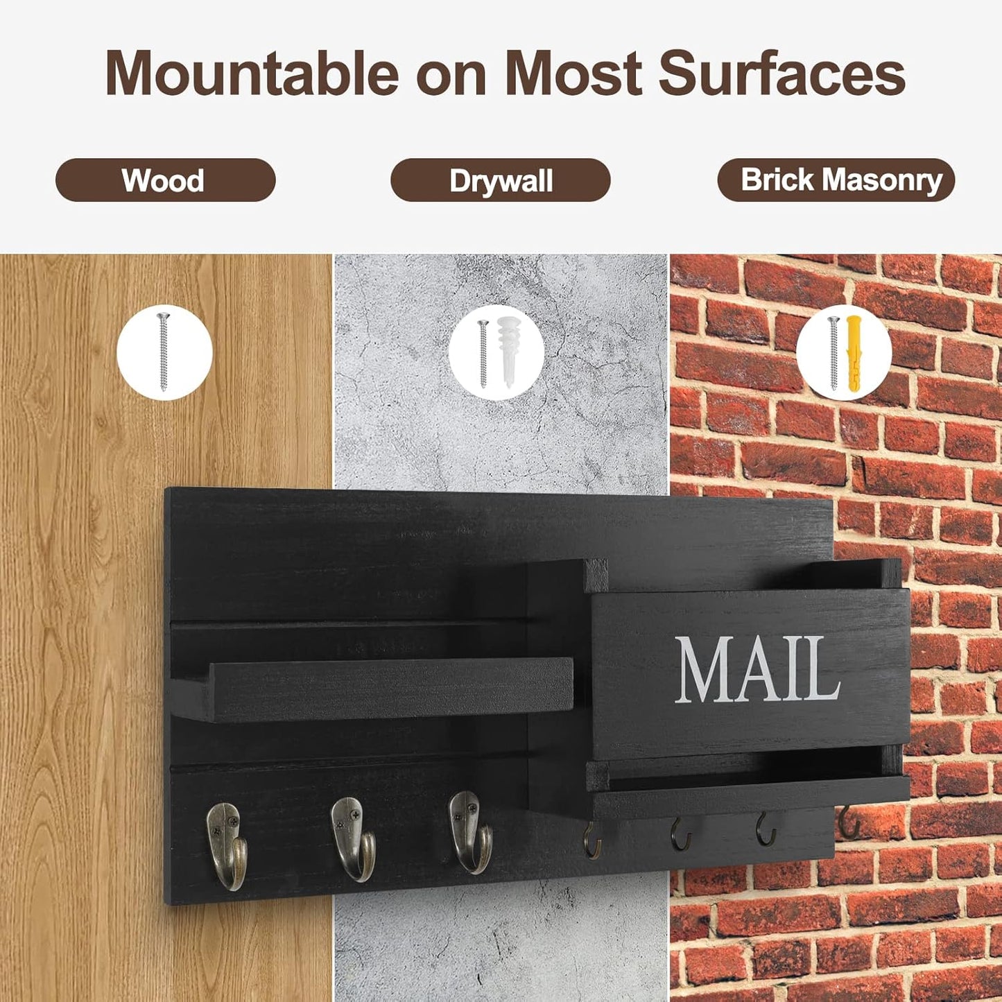 Shelf Includes Letter Holder and Hooks for Hallway Farmhouse / Black