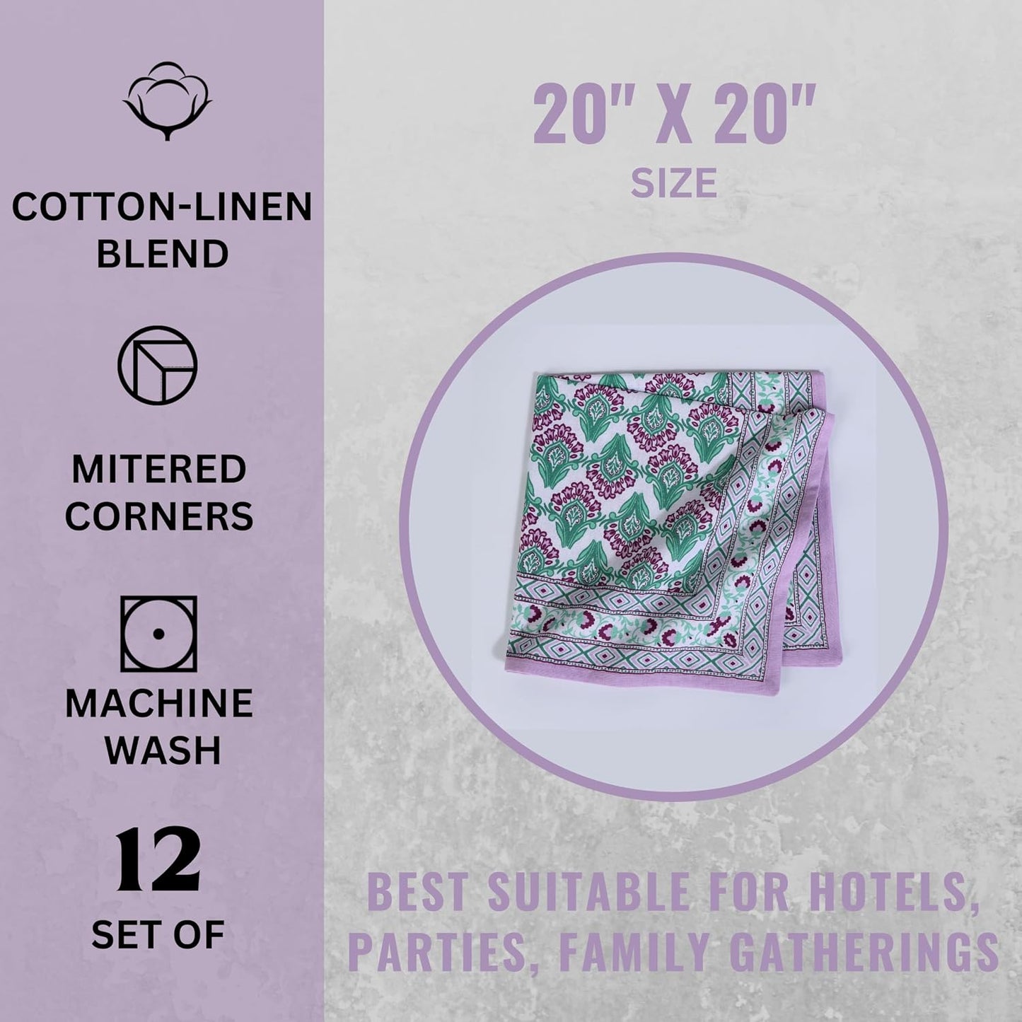 FINGERCRAFT Cloth Napkins Set of 12 Cotton Linen, 20x20 Inch Border Orchid | Mitered corner, washable, soft, absorbent