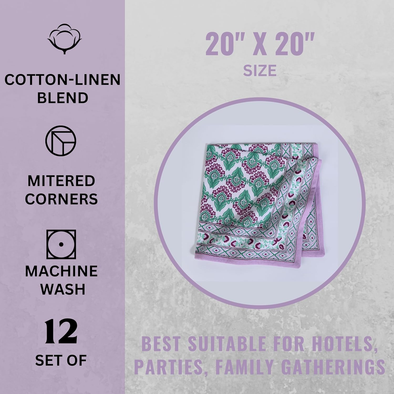 FINGERCRAFT Cloth Napkins Set of 12 Cotton Linen, 20x20 Inch Border Orchid | Mitered corner, washable, soft, absorbent